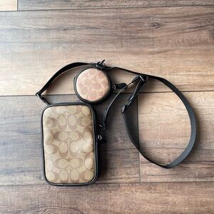 Coach Tan/black Signature Crossbody Bag + Circle w/ Clip Pouch! Carry essentials